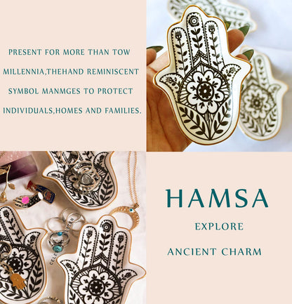 MADE BY LUCKY Jewelry Trinket Ring Dish Ceramic Hamsa Evil Eye Hand of Fatima Holder Key Ashtary Trinket Plate Bowl Small Boho Home Decorative Cute Decor Jewelry Tray Dish Gift Mom Brithday