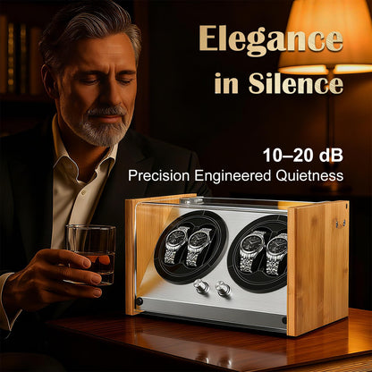 Watch Winder Smith Real Bamboo 4 Watch Winders for Automatic Watches, Precision Engineered Quiet 4 Modes Rotation and Dual Power Flexibility AC/DC