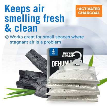 4 Pack Moisture Absorber Hanging Bags, Boat Dehumidifier with Charcoal, Unscented, Removes Dampness and Musty Odors, Ideal for Basement, Closet, Home, Car, RV, and Boating