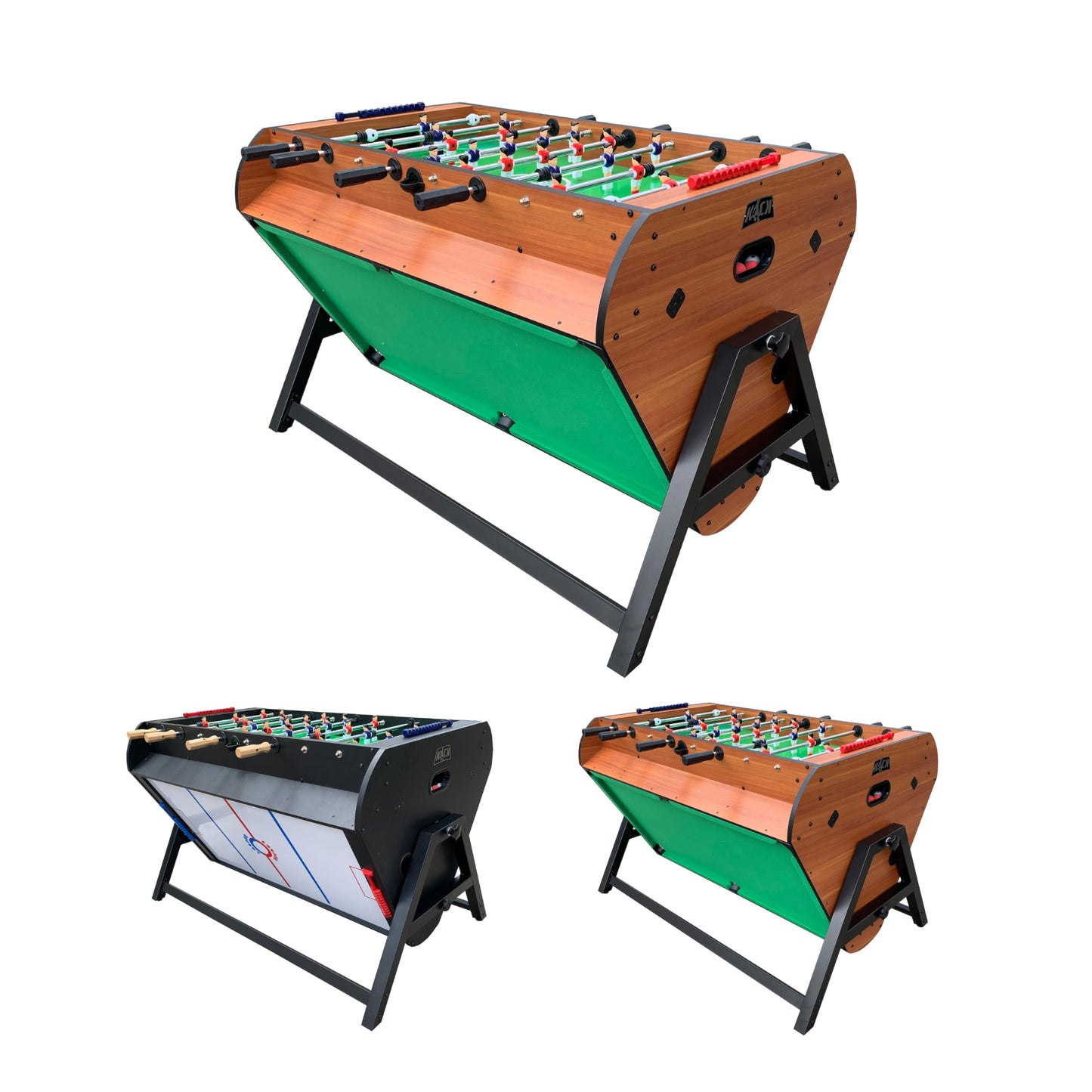 KICK Triplex 55″ Telescopic Rods 3-in-1 Swivel Multi Game Table (Brown) – Foosball, Pool/Billiards & Air Hockey