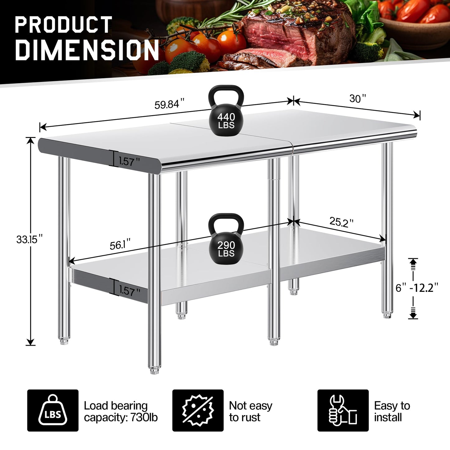 Albott 30x60 Inch Stainless Steel Work Table with Adjustable Undershelf, Heavy Duty Prep Table with Lower Shelf for Kitchen, Restaurant, Home and Commercial Use