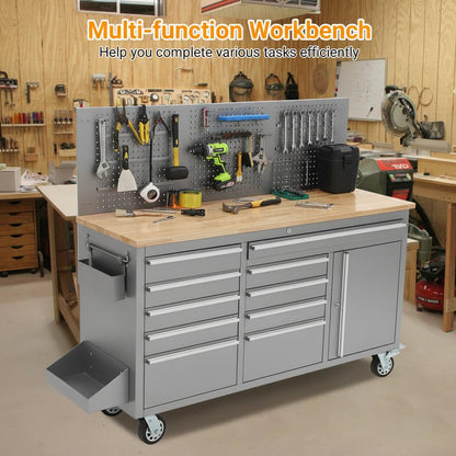 GAOMON 61-inch Rolling Tool Chest, 10 Drawers Garage Workbench Storage Tool Cabinet with Power Strip, Solid Rubber Wood Top, 1675 LBS Load Mobile Workstation, Heavy Duty Rolling Cabinet, Silver