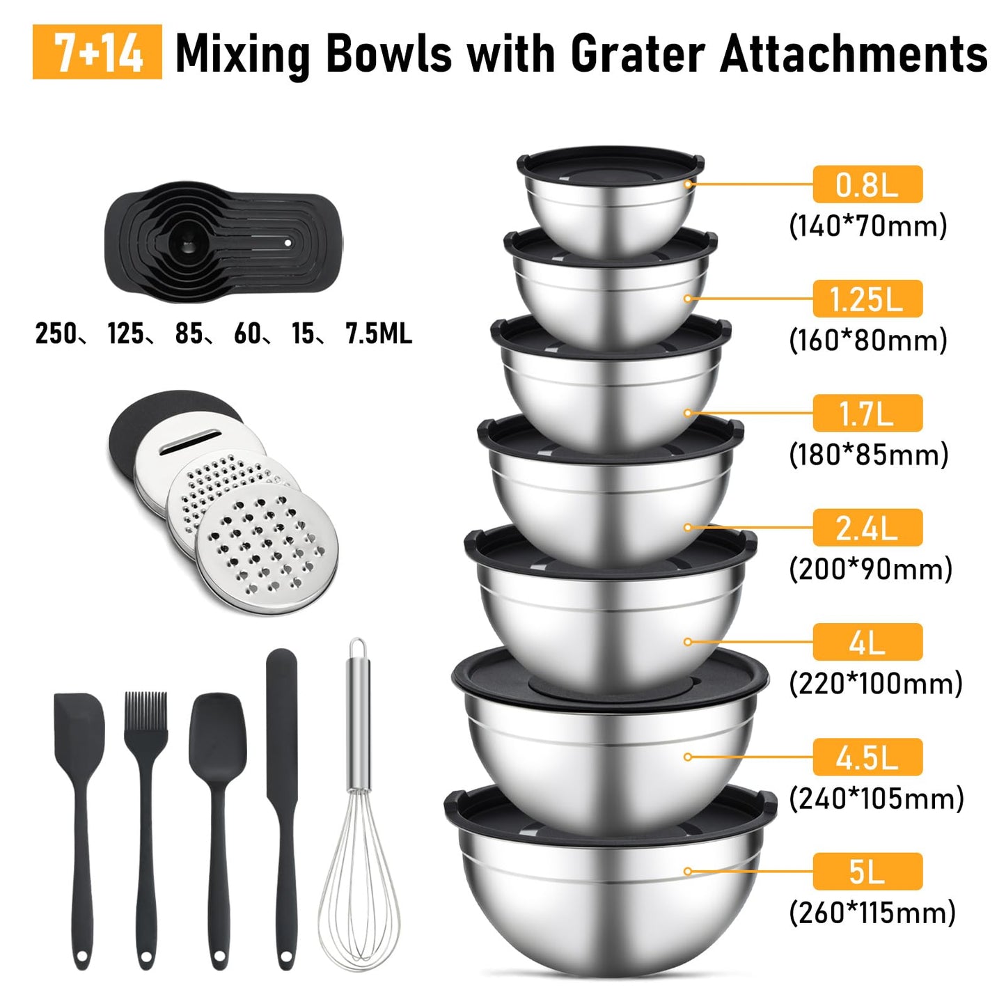 Unokit Mixing Bowls with Lids Set - 16 Pcs Stainless Steel Nesting Mixing Bowls with Grater Attachments, Mixing Bowl Set for Multi Mixing & Serving