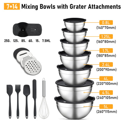Unokit Mixing Bowls with Lids Set - 16 Pcs Stainless Steel Nesting Mixing Bowls with Grater Attachments, Mixing Bowl Set for Multi Mixing & Serving