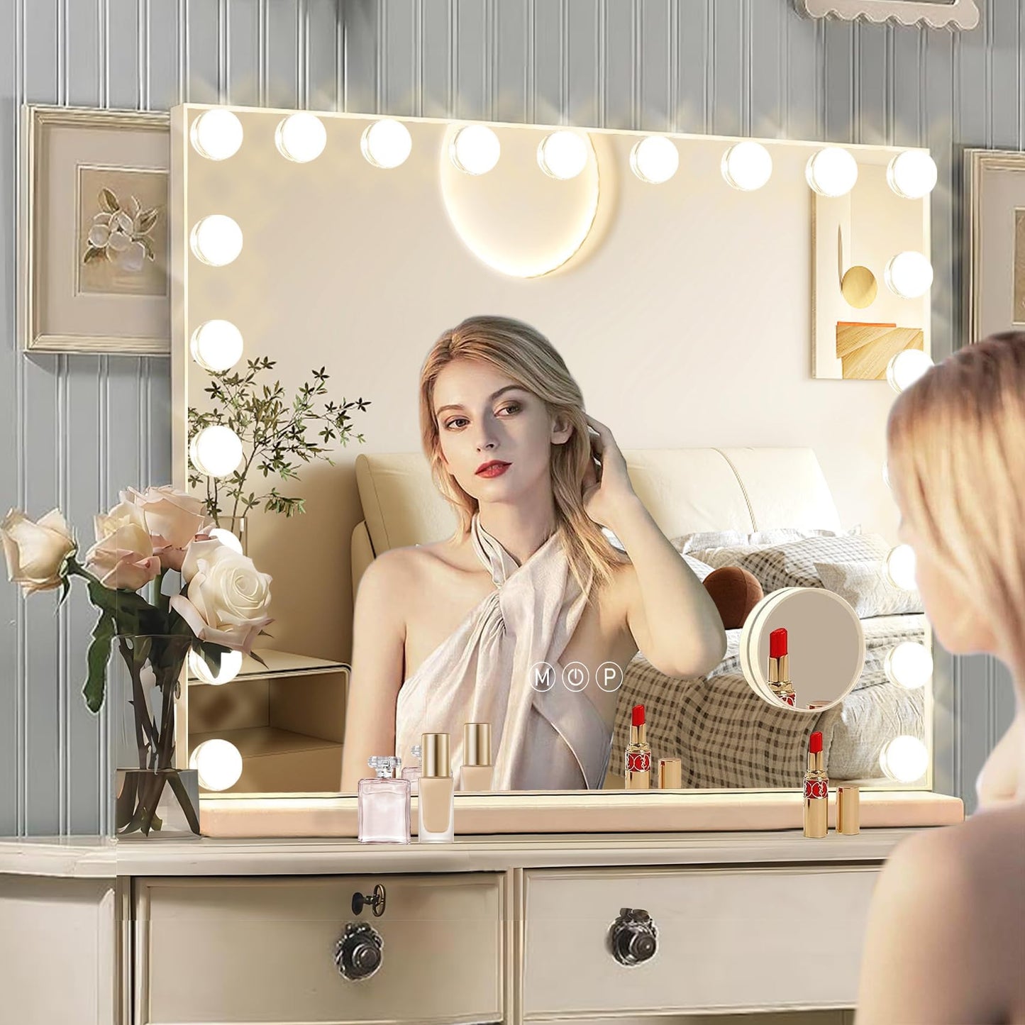 Hollywood Vanity Mirror with Lights, 15 Dimmable Bulbs, 3 Color Lights,Make Up Lighted Mirror, Aluminum Metal Frame, USB Charging Port（23" x 18"）