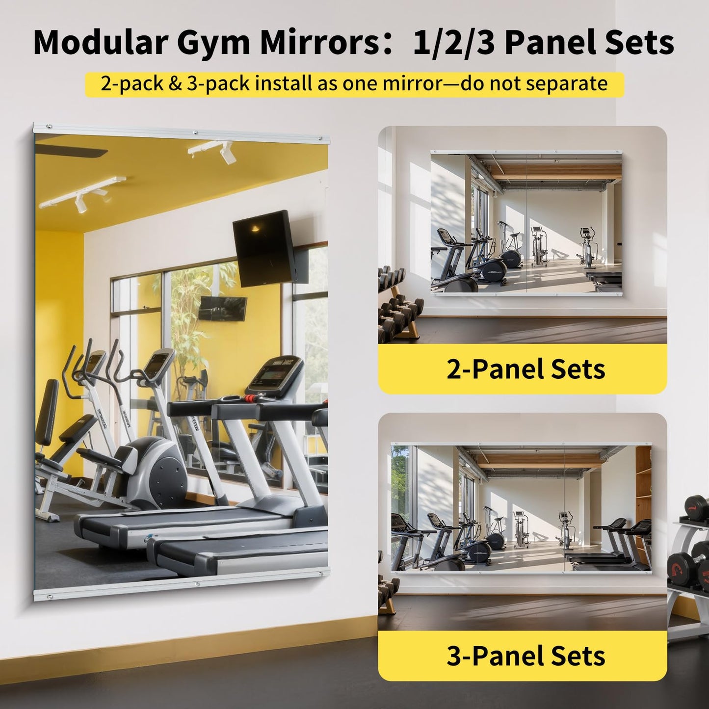 InfiniGlass Home Gym Mirror - 55x28 Inch, 3PCS Frameless Tempered Glass Full Body Mirror for Wall Mount - Ideal for Yoga, Workout, Bedroom, Dance Studio (Silver)