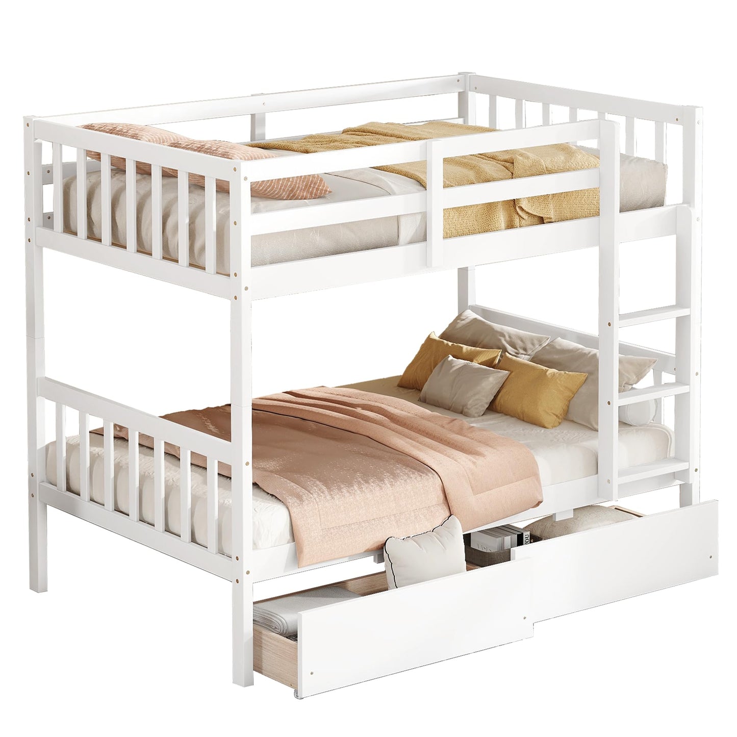 MERITLINE Wood Bunk Bed with Drawers, Convertible Bunk Bed with Ladders and Two Storage Drawers, Solid Wood Detachable Bedframe with Guardrails, Twin Over Twin, White