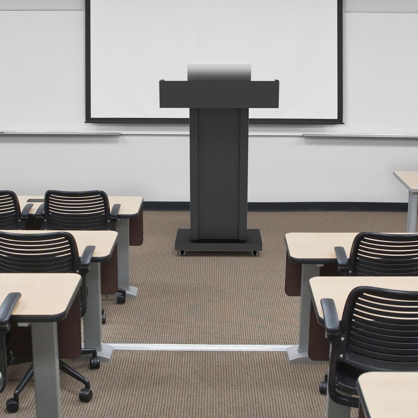 Heavy-Duty Black Metal Podium Stand with Lockable Wheels | Mobile Lectern with Storage Cabinet & Standard 44.56" Height | for Conference Rooms, Churches, Classrooms & Events (Style 3)