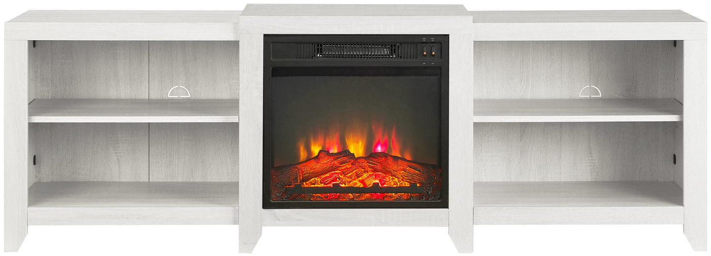 Crosley Furniture Ronin Low Profile Fireplace TV Stand for 75+ inch TVs, Entertainment Center with Shelves, Whitewash