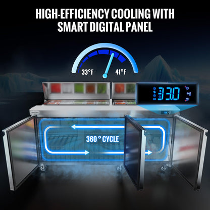 Coolake 72.7'' W 3 Door Commercial Refrigerator Sandwich Salad Prep Table, 22 Cu.ft Stainless Steel Counter Fan Cooling Refrigerator with 18 GN 1/6 Pans for Restaurant Bar Food Truck, NSF, ETL, DOE