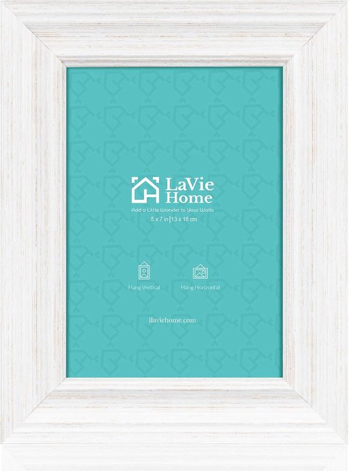LaVie Home 5x7 Picture Frame - Rustic Distressed White Design for Wall & Tabletop Display
