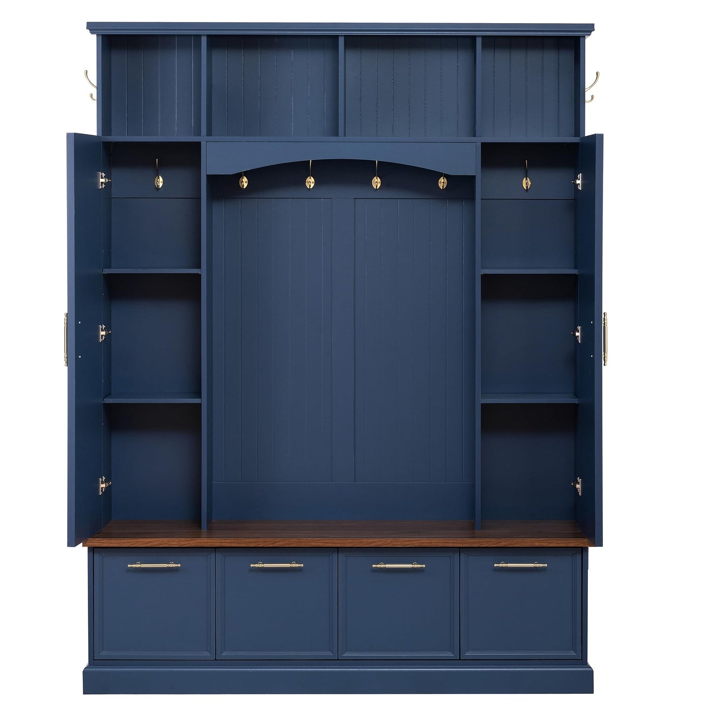 Merax 59" Farmhouse Hall Tree with Golden Hooks & Walnut Bench, Entryway Organizer with Adjustable Shelves, Shoe Storage, Anti-Tip for Mudroom, Living Room, Blue