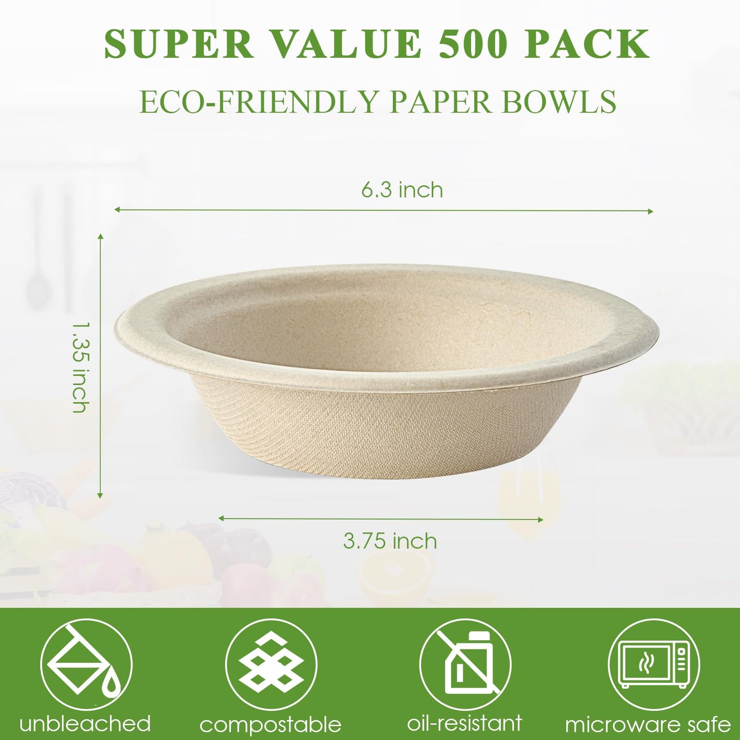 Vplus 500 Pack 12 OZ Paper Bowls Bulk, Disposable Compostable, Eco-friendly Bagasse, Heavy-duty Bowls Perfect for Milk Cereals, Snacks, Salads Nature