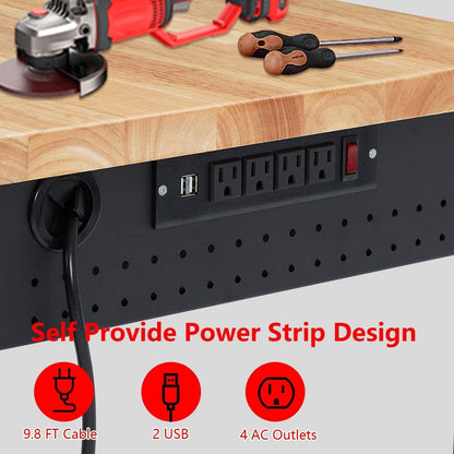 72” Adjustable Workbench with Drawer & Backplate, Heavy Duty Rolling Work Table, 2000 LB Capacity, Rubberwood Top, Power Outlets, Lockable Wheels, Garage Workshop Workbench with Storage