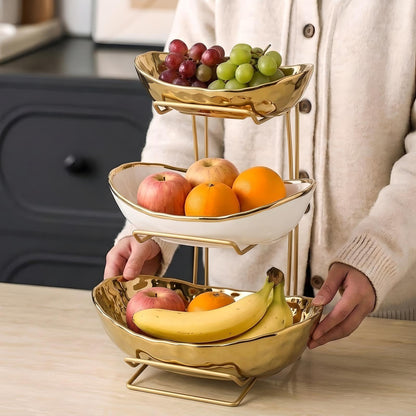 MEIGLQEA 3-Tier Gold Fruit Bowl & Tray with Metal Stand - Ceramic White, Triple Layer for Snacks, Nuts, Bread & Candy Storage