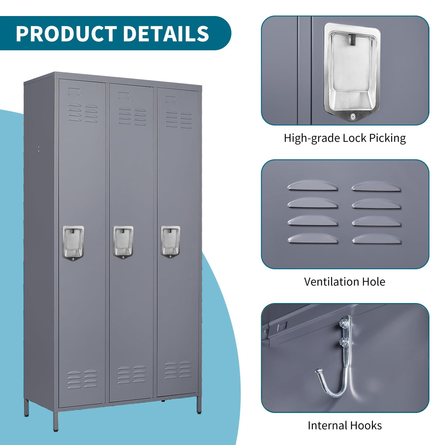EKJ Upgraded Metal Storage Locker for Employees, 3 Doors Metal Locker Storage Cabinet for Gym Office School, Tall Steel Locker Cabinet for Employees, Assemble Required(Grey)