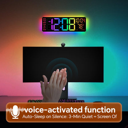 16" Digital Wall Clock with Night Light, Digital Clock with RGB Colors Changing Remote Control, Dual Alarm, Dimmer, Auto DST, Voice Control, Auto Time Sync, Clocks for Living Room, Gift for Elderly