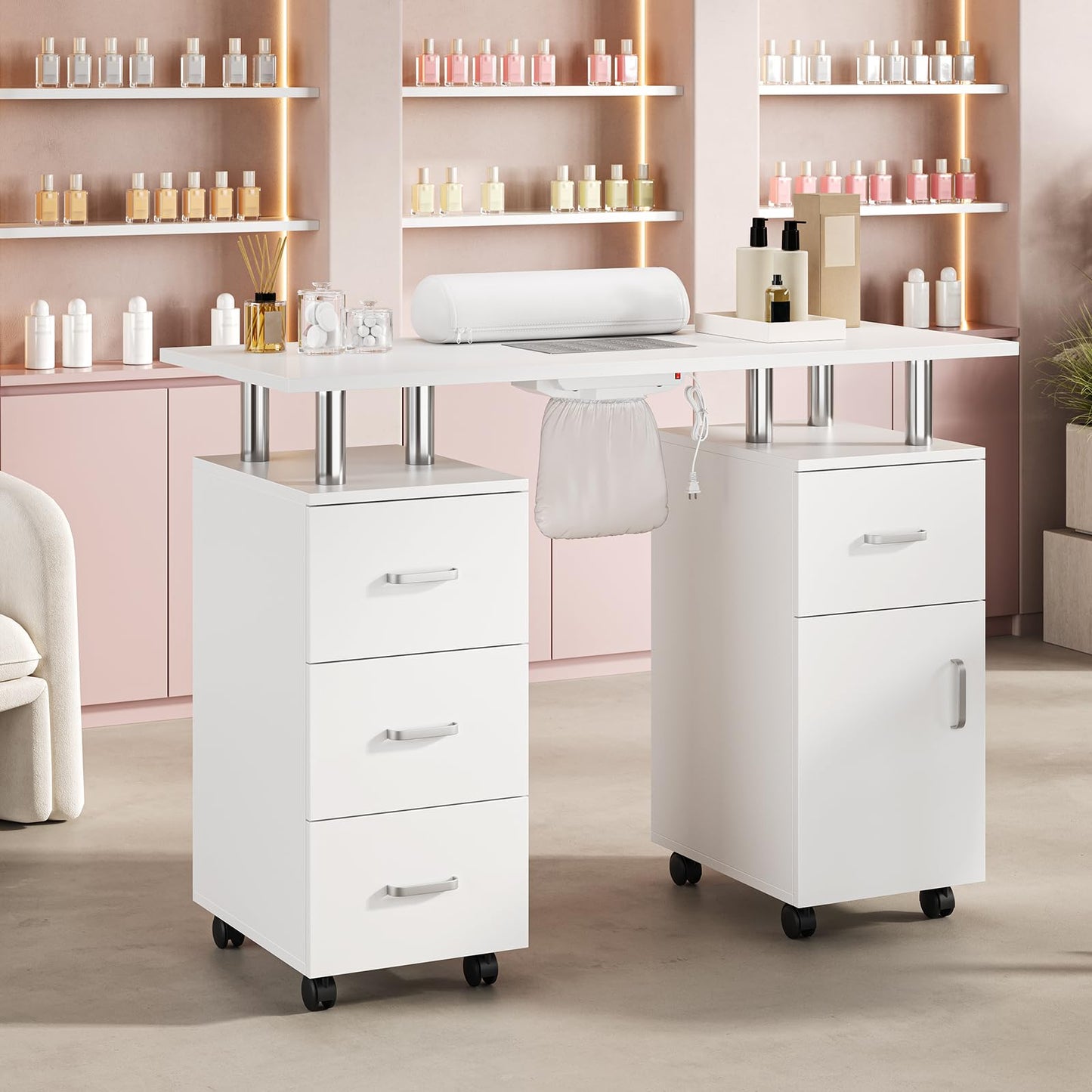 PeacefulHues Manicure Table Nail Desk, Nail Station with Electric Dust Collector, Wrist Rest and Storage Drawers Cabinet, Beauty Salon Workstation for Nail Tech, White
