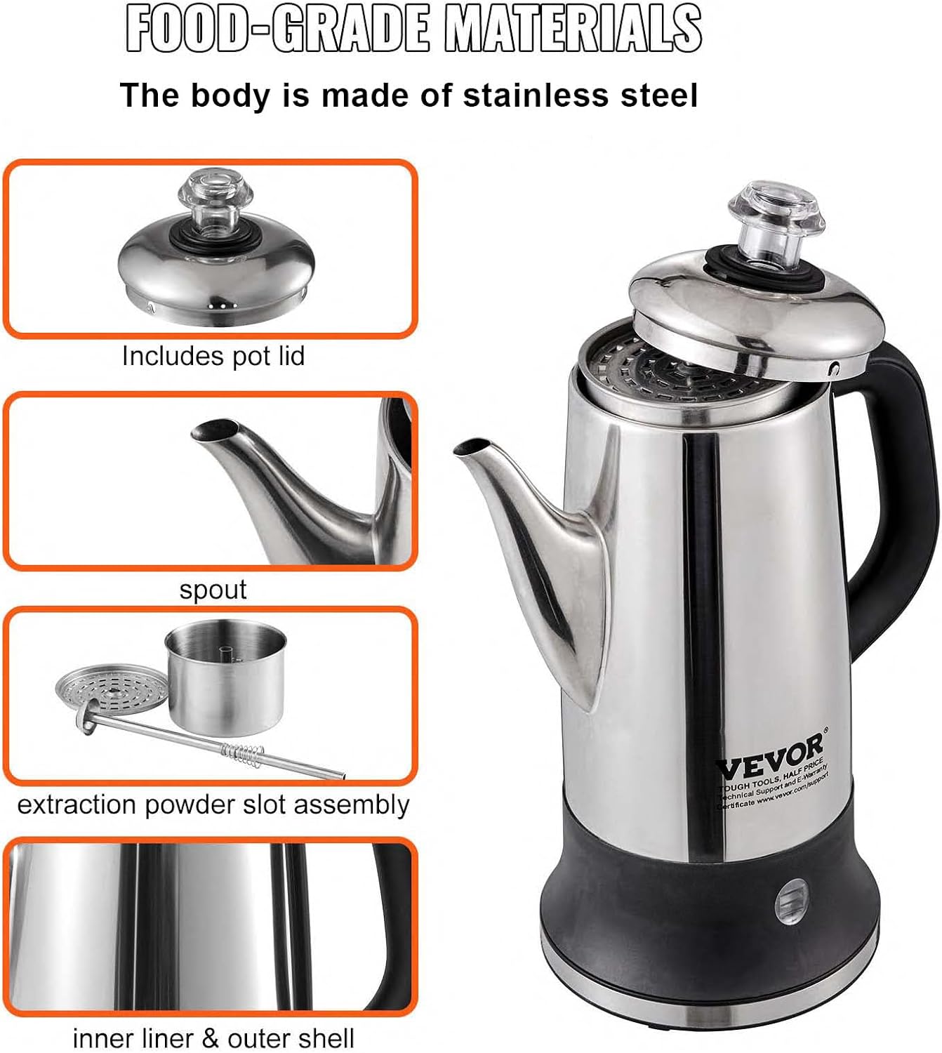 12-Cup 304 VEVOR Electric Percolator Coffee Pot, Stainless Steel Body Coffee Percolator with Keep Warm Function