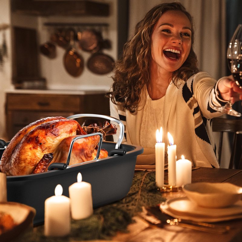 Roasting Pan, 17x13 Inch Nonstick Turkey Roaster with Removable Rack & Cooking Kit,Roaster Pan for Roasting Turkey, Meat & Vegetables (Silver)