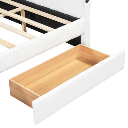 Merax Queen Size Lambswool Daybed, Upholstered Platform Day Bed with USB and 2 Drawers,U-Shaped Space Saving Corner Sofabed for Kids, Teens & Adults, Wood Slat Support,White