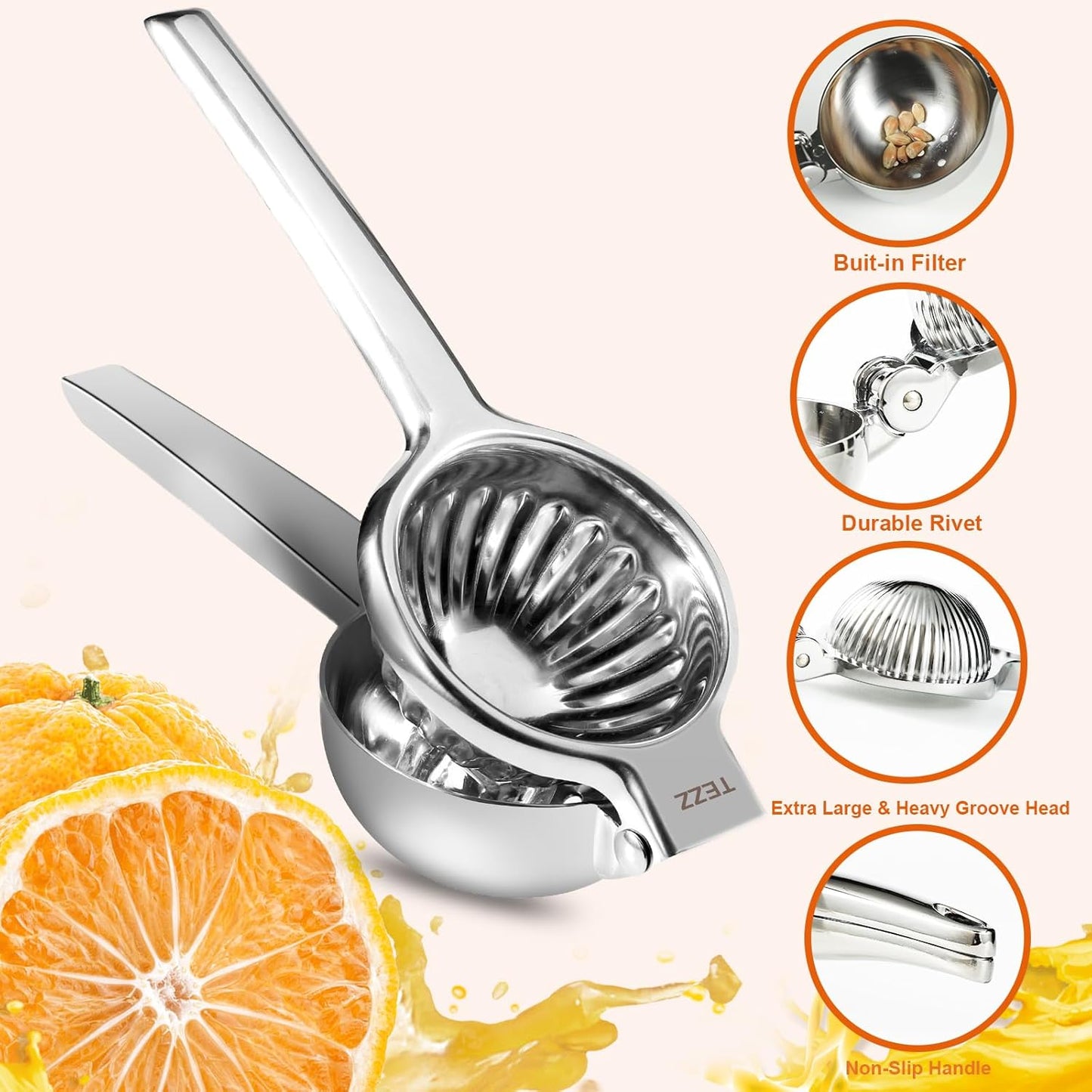 TEZZ Upgraded Extra Large Lemon Squeezer, Heavy Duty Handheld Orange Juicer, Stainless Steel Citrus Press