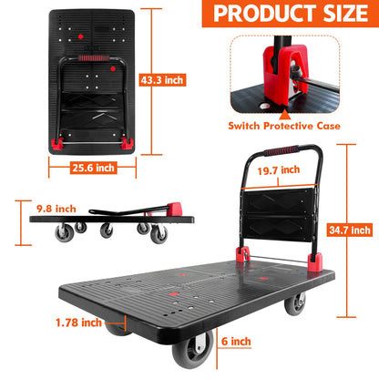 Platform Truck, Foldable Push Cart Dolly w/Five 360 Swivel 6'' Wheels, 1600LBS Capacity Heavy Duty Moving Platform Trucks Hand Cart for Groceries, Garage, Warehouse (43" L x25" W)