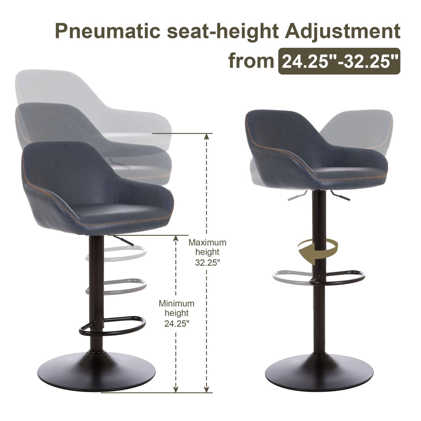 Glitzhome Bar Stools Set of 3, Adjustable Counter Height Bar Chairs with Back Support and Footrest, PU Leather Upholstered Swivel Bar Stools for Kitchen Island Dining Room Pub Home Bar, Navy Blue