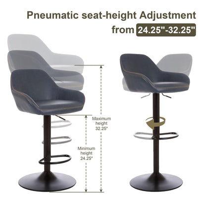 Glitzhome Bar Stools Set of 3, Adjustable Counter Height Bar Chairs with Back Support and Footrest, PU Leather Upholstered Swivel Bar Stools for Kitchen Island Dining Room Pub Home Bar, Navy Blue
