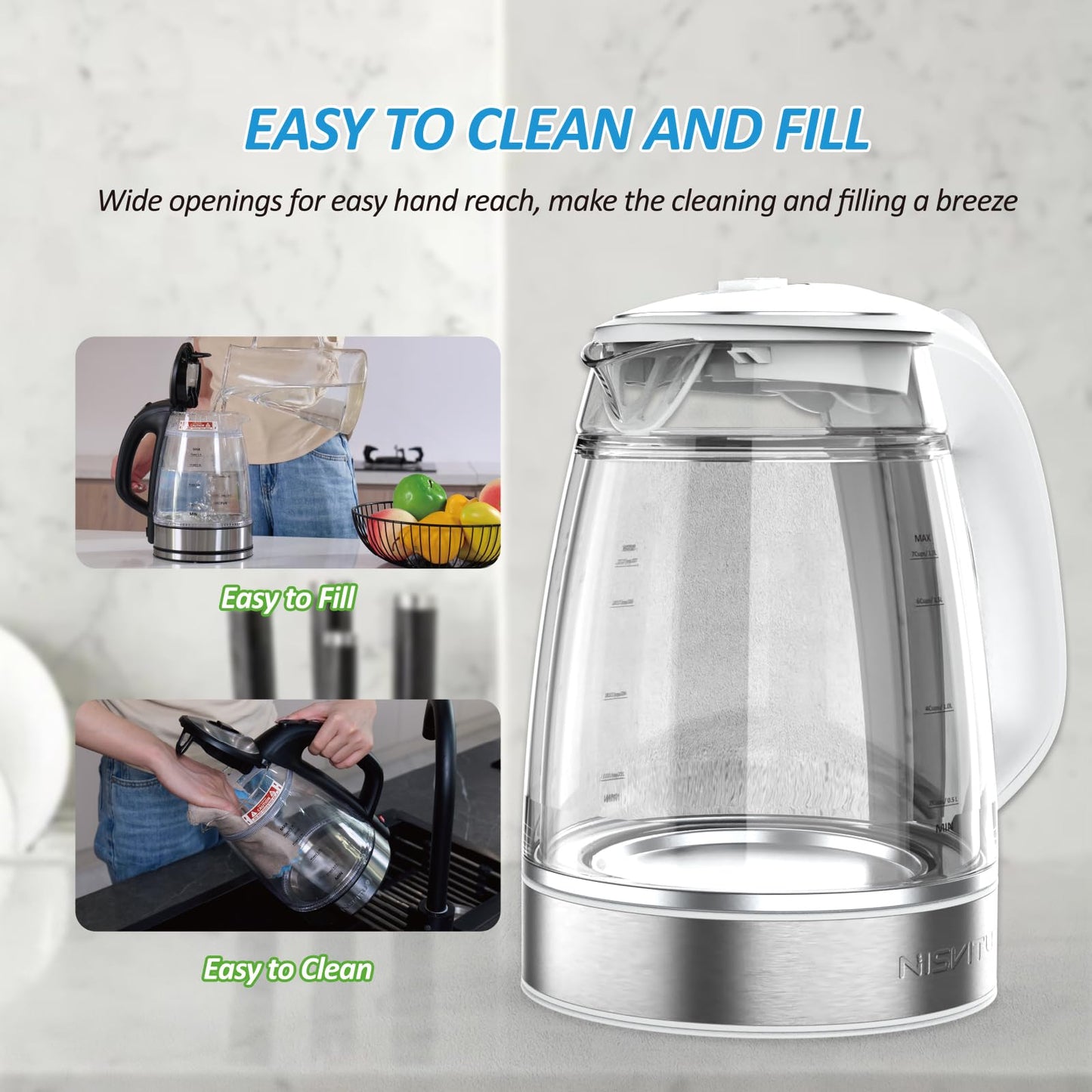 NISVITU 1.7L Dual Wall Cool Touch Electric Kettle, BPA-Free Borosilicate Glass Inner, PC Outer, 1500W Fast Boil Cordless Hot Water Boiler & Electric Tea Kettle, Keep Warm, Auto Shut-Off, White