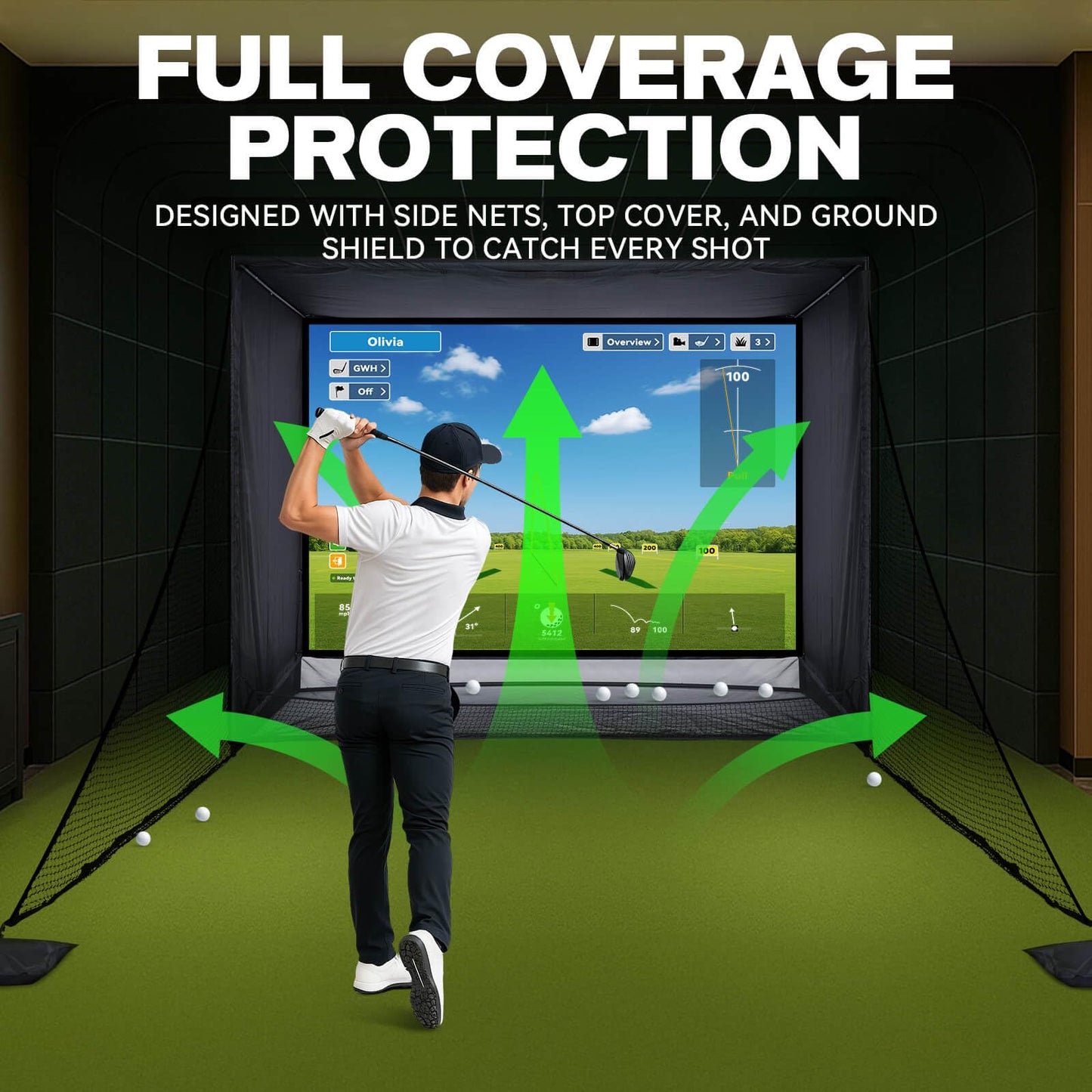 ZEALFEEL Golf Simulator Enclosure, 11x8FT Golf Net with HD Impact Screen & Side Barriers – Dual-Layer Impact Screen, Foam-Padded Frame, Indoor Cage Net for Home Garage Studio