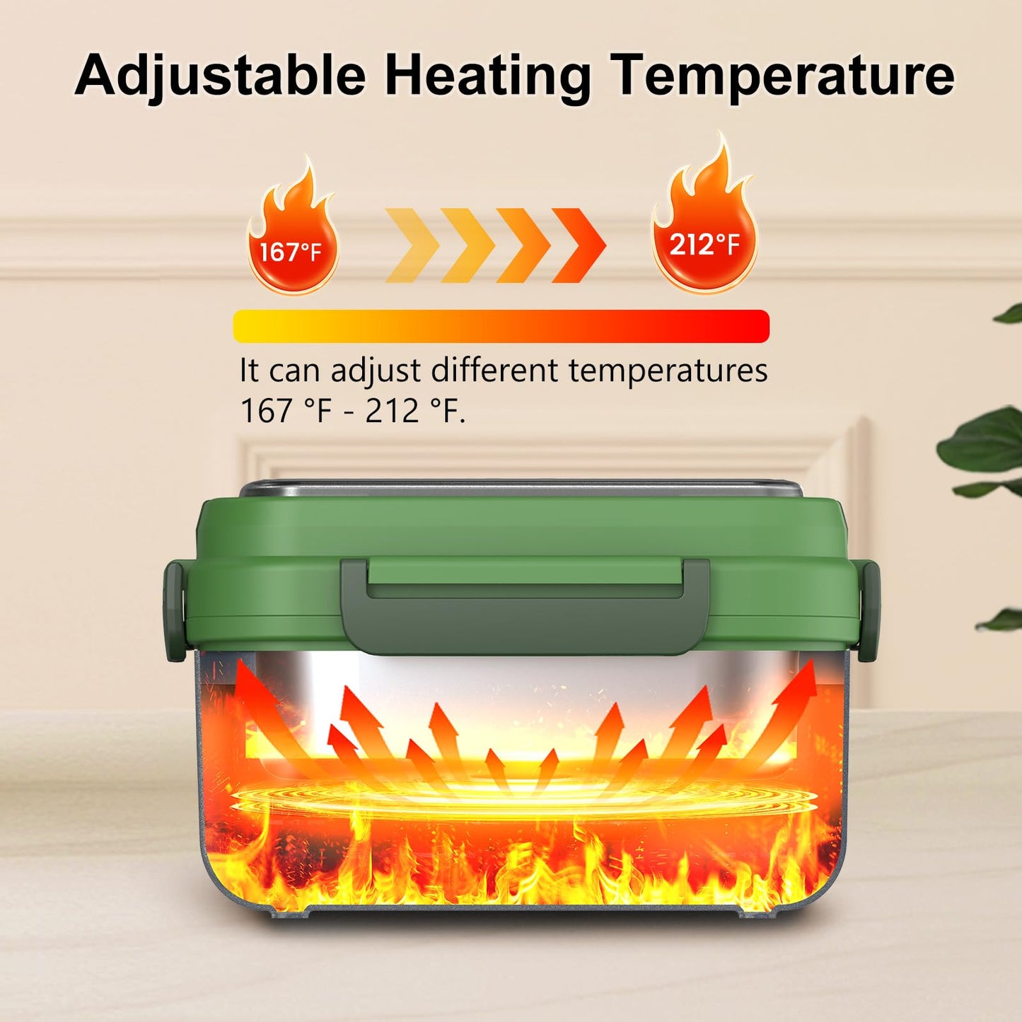 Omboos Cordless Electric Heated Lunch Box, XL 6.3Cups Rechargeable Food Warmer Lunch Box with Self Heating, Smart Timer, Adjustable Temperature, Leakproof, BPA Free, Removable Divider Green