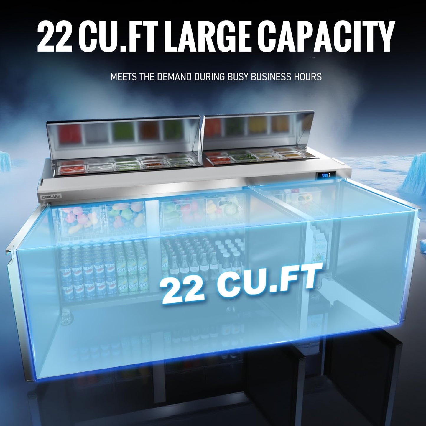 Coolake 72.7'' W 3 Door Commercial Refrigerator Sandwich Salad Prep Table, 22 Cu.ft Stainless Steel Counter Fan Cooling Refrigerator with 18 GN 1/6 Pans for Restaurant Bar Food Truck, NSF, ETL, DOE