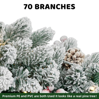 RIDGEPOLE 2FT Pre-lit Mini Christmas Snow Flocked Tree,Tabletop Artificial Christmas Tree with LED Lights, Small Xmas Pine Tree with Cloth Bag Base for Christmas Decor,12 PCS Berry & 8 Pinecones