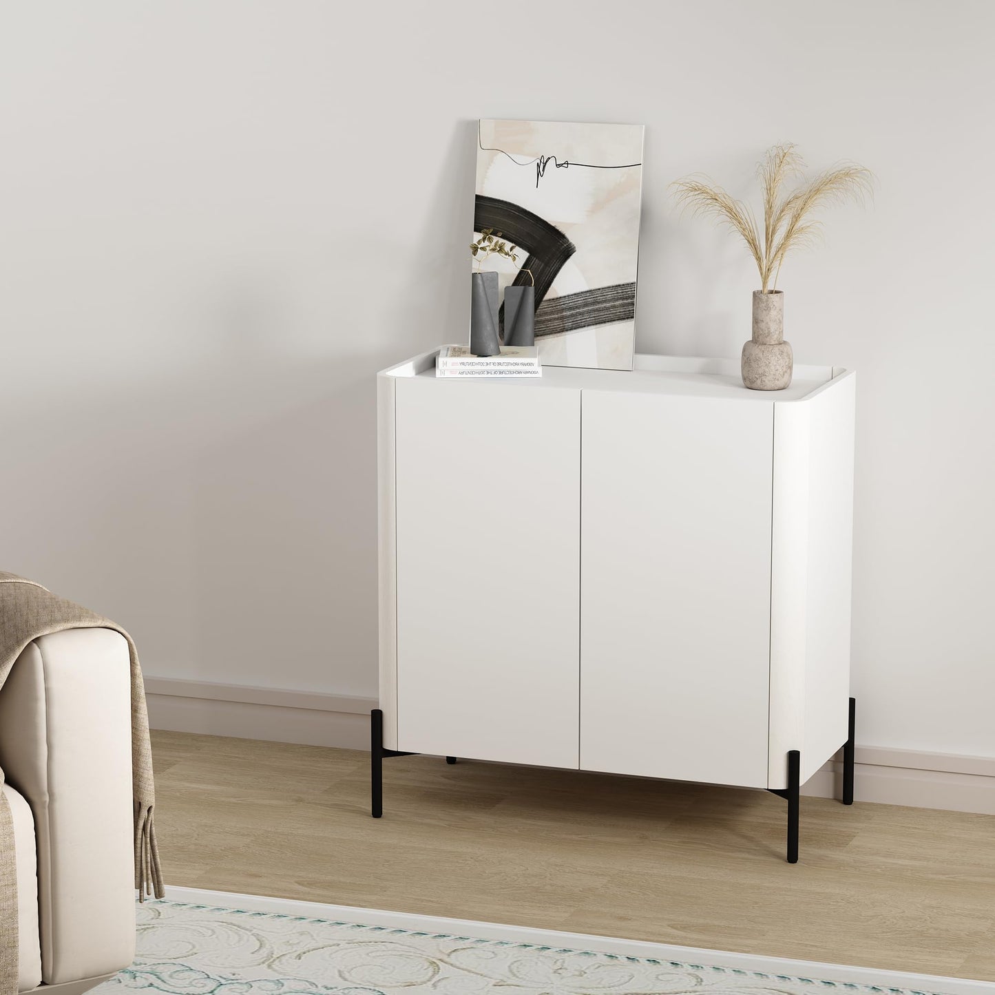 Manhattan Comfort Abbey Accent Cabinet with Doors, Tray Top Design and Adjustable Shelves, Sleek Modern Storage Furniture for Dining Area, Living Room Entryway, White