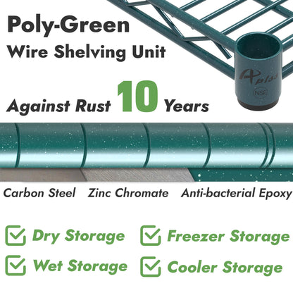 APLSS NSF 5-Tier Green-Epoxy Storage Shelves, 24"x60"x74", Moist&Dry Environments, Commercial Heavy Duty Steel Wire Shelving Unit with Wheels, Walk-in Cooler&Freezer Dishroom Kitchen