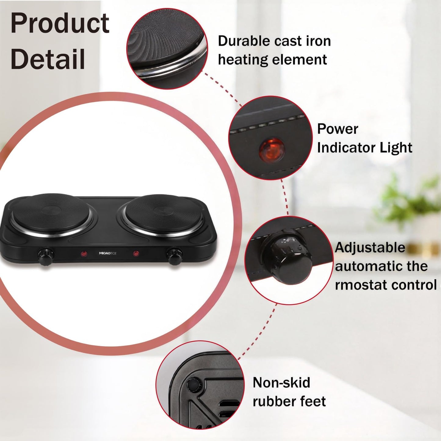 MIOAOTCE Countertop Double Cast Iron Burner 1800 Watts Electric Hot Plate with Adjustable Temperature 6.1" Cooktop for Dorm, Office, Home, Camp, Compatible for All Cookwares