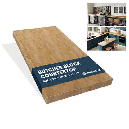 AllForWood 60''L x 30''W x 1.5''Th Hevea Light Brown Premium Solid Wood Butcher Block Countertop, Butcher Block Table Top for DIY Washer Dryer/Island/Kitchen Countertop (Finished)