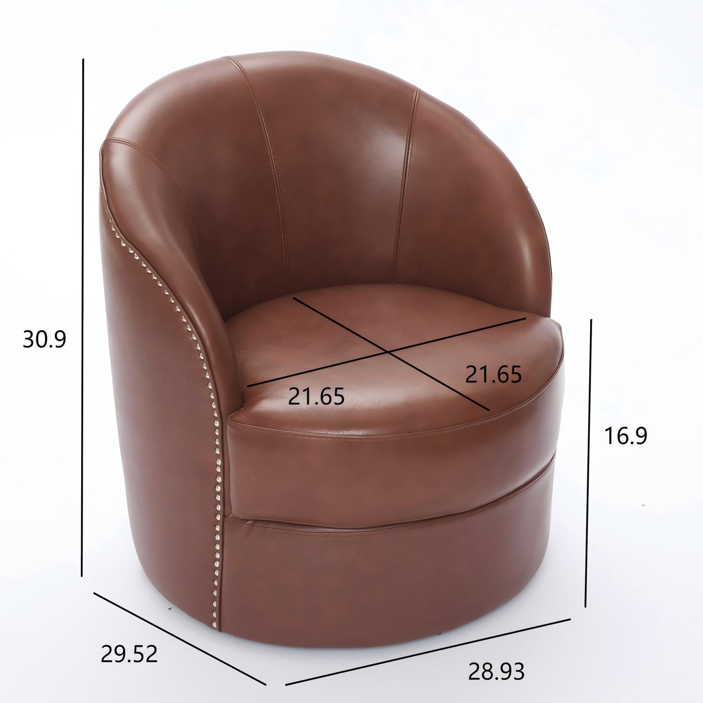 GDFStudio Hayezf Top-Grain Leather Swivel Chair, 360° Swivel Accent Chair with Chesterfield Studs, Mid-Century Modern Lounge Seating for Living Room & Office, No Assembly Required, Brown