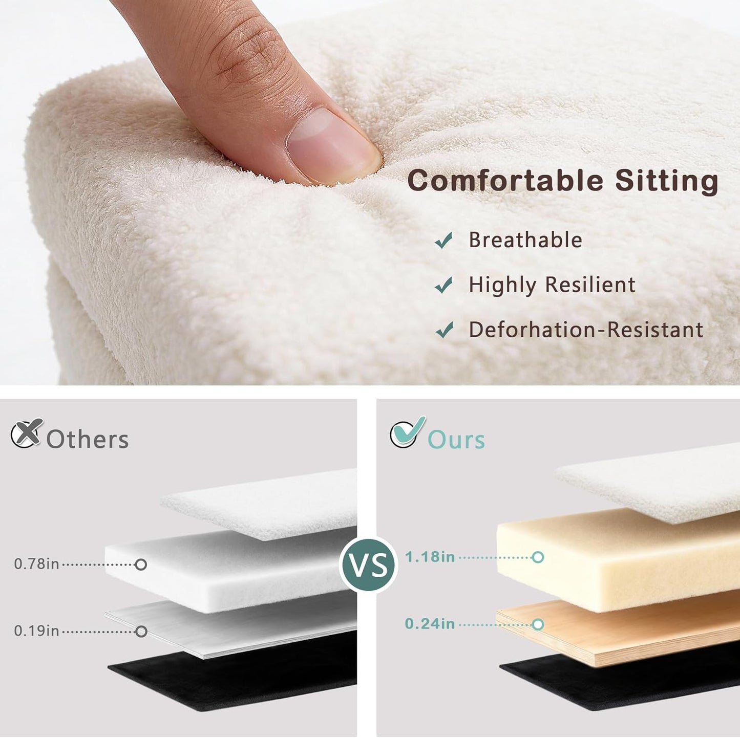 15"x12.6"x15.4" CAROLMADE Folding Storage Ottoman Cube Sherpa Footstool with Wood Legs Ottoman Footrest for Living Room