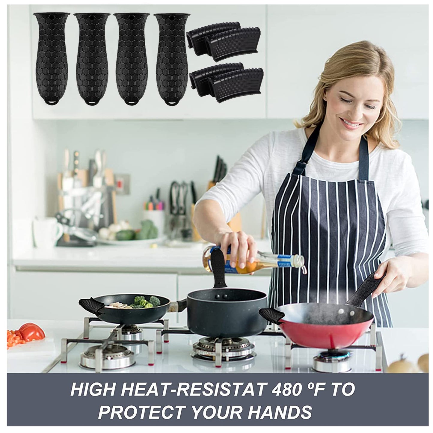 8 Pcs Non-Slip Silicone Hot Handle Holder & Assist Grips, Potholder for Cast Iron Skillets, Heat Resistant Handle Cover Sleeve for Frying Pans, Casserole, Cookware Handles, Black