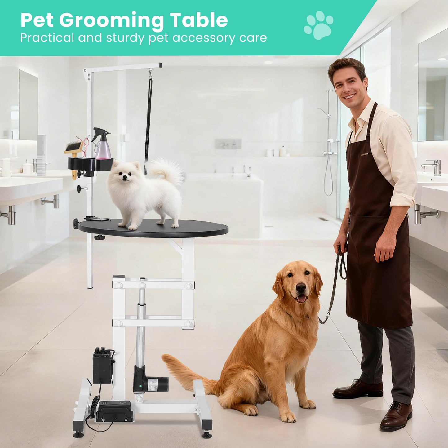ActiveTrail Electric Hydraulic Lift Dog Grooming Table – 24 Inch Rotating Desktop, Overhead Arm, Foot Remote, Tool Organizer, 250LBS Capacity – Ideal for Small Pets
