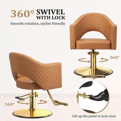 OmySalon Barber Chairs for Barbershop Gold Brown Styling Chair, Salon Chair for Hair Stylist, Heavy Duty Hydraulic Pump, 360°Swivel with Footrest, Hairdressing Home Beauty Spa Equipment