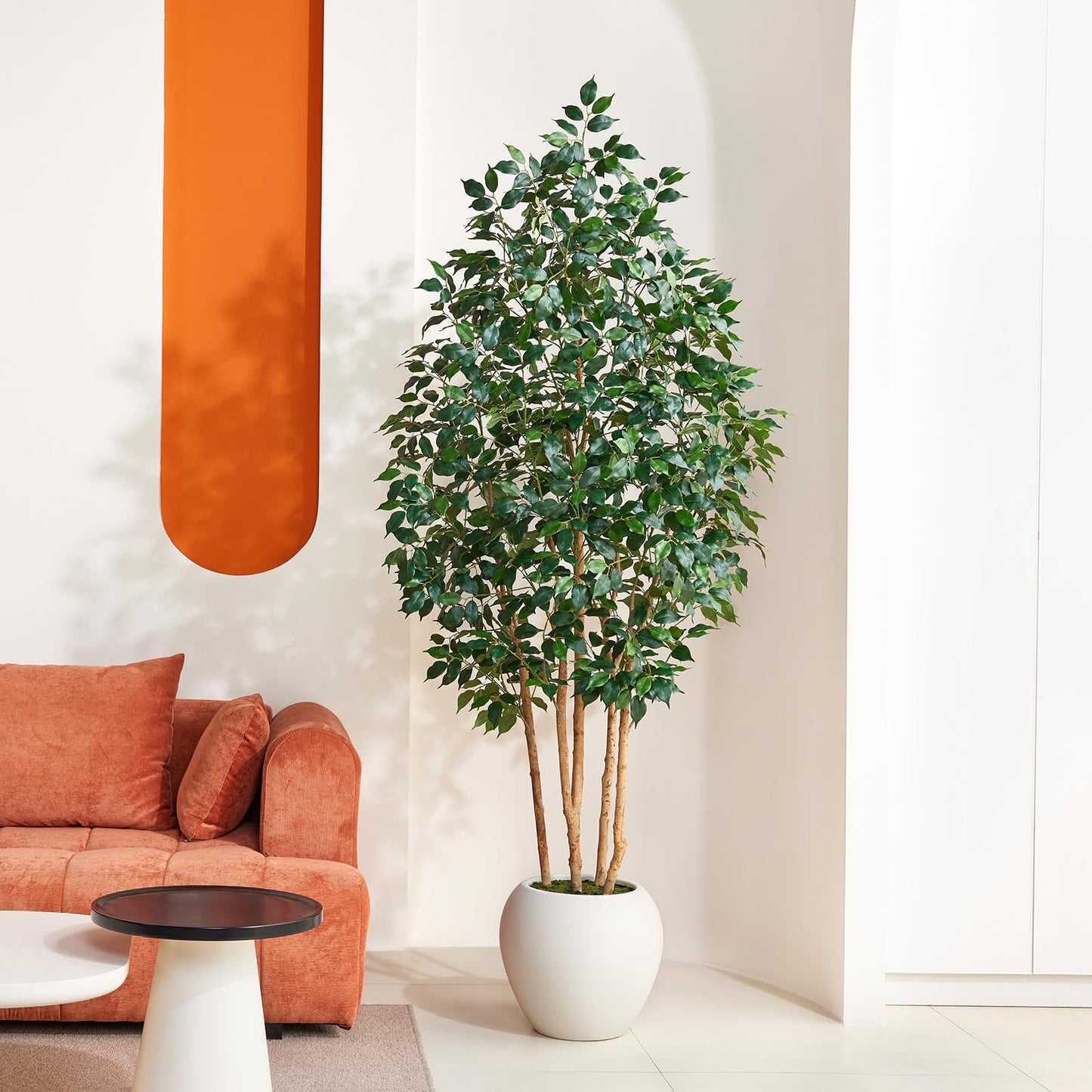 VeriNatural 7FT Artificial Ficus Tree with White Planter - Realistic Faux Ficus Tree with 1500+ Silk Leaves, 4 Real Wood Trunks,Tall Fake Plant for Indoor Living Room, Office, Home Decor (84")