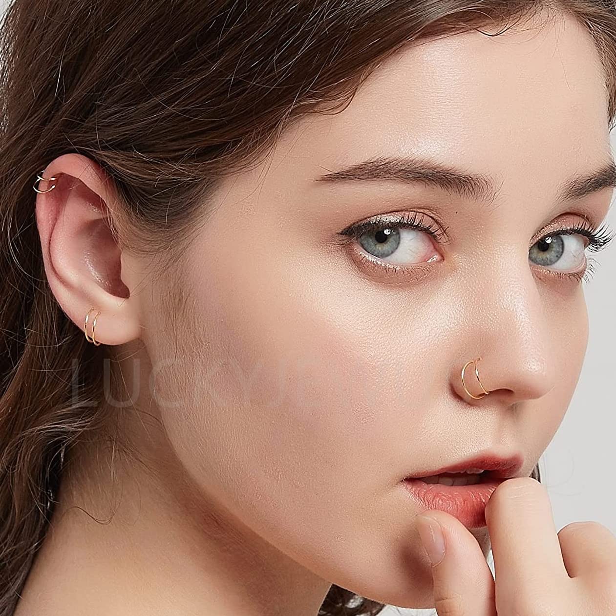 LUCKYJEWUS 14k Gold Filled 20G Double Hoop Nose Ring for Single Piercing, 20 Gauge Small Thin 8mm Spiral Nose Jewelry for Women Men