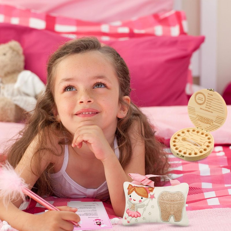 Qunclay Tooth Fairy Kits Includes 3.9 x 5.9 Inch Cute Tooth Fairy Pillow Wooden Keepsake Box Container and 20 Warm Letters(Pink,Girl Style)