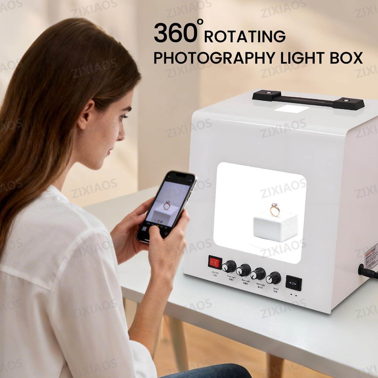 ZIXIAOS Jewelry Photography Light Box Kit with 360° Electric Rotating Feature, 4PCS Fill Lights-Adjustable Brightness,Mini Photo Studio Softbox,Support Jewelry Hanging or Placing 20cm