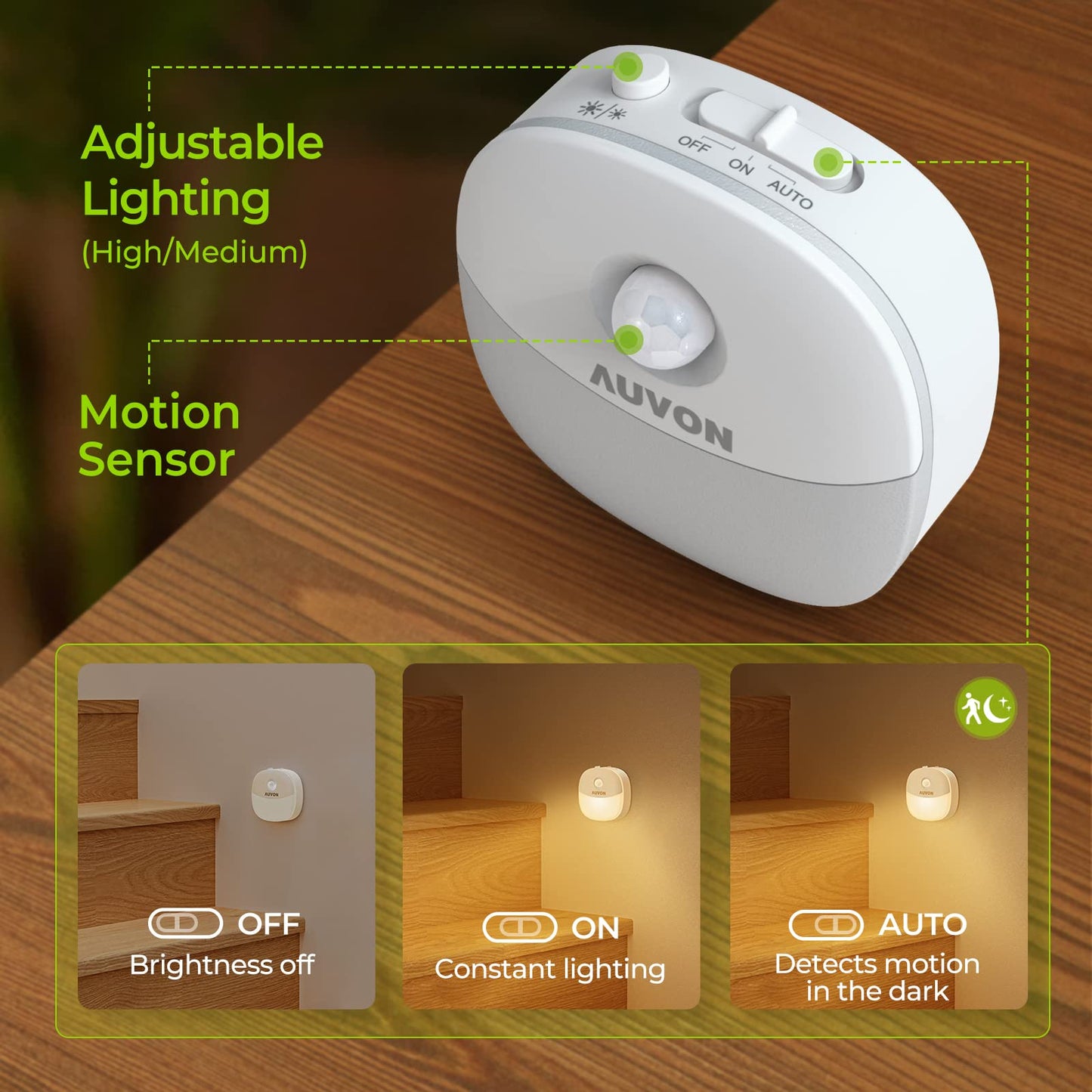 AUVON Rechargeable Battery Night Light, Mini with Motion Sensor, Warm White LED Stick-On Closet Light with Dusk to Dawn Sensor, Adjustable Brightness for Wall, Stairs, Hallway, Cabinet (4 Pack)