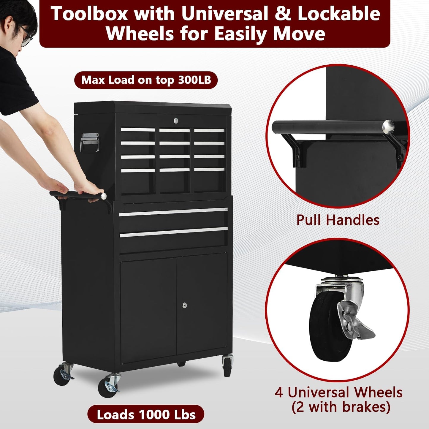 Tool Box with Wheels,24in 8-Drawer Rolling Tool Chest and Organizer for Garage & Workshop, Includes Detachable Top, Lockable Wheels and Sliding Drawers, Essential Tool Chest Cabinet Organizer