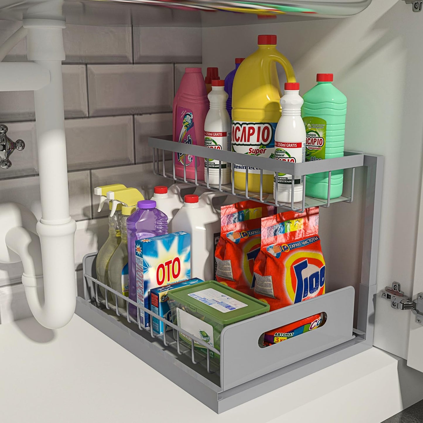REALINN Under Sink Organizer, Pull Out Cabinet Organizer 2 Tier Slide Out Sink Shelf Cabinet Storage Shelves, Storage for Kitchen Bathroom, White, 2 Pack